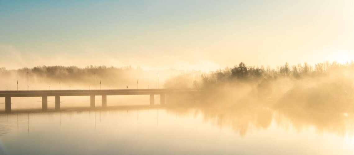 Naturfoto på ett dimmigt landskap i Umeå.
