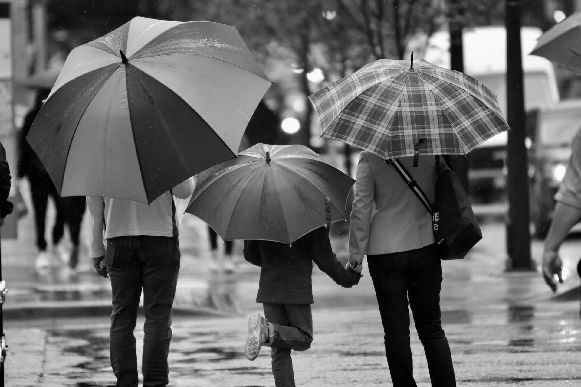 Foto på familj med paraplyer i Umeå.